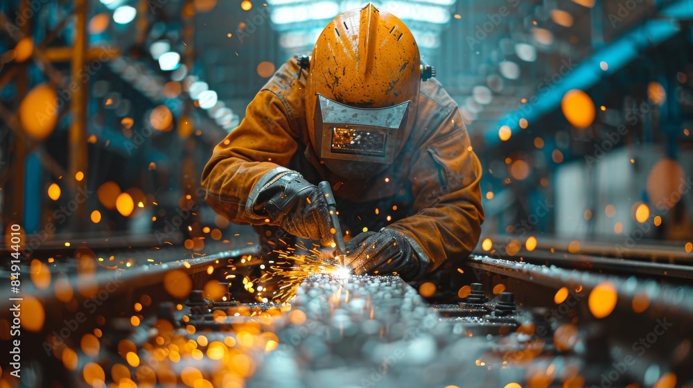 Mid-action shot of a skilled welder with bright sparks flying around showing industrial workmanship
