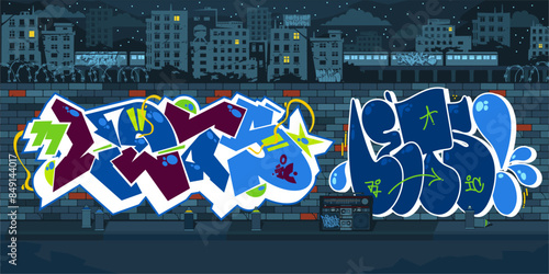 Dark Outdoor Urban Graffiti Wall With Drawings At Night Against The Background Of The Cityscape
