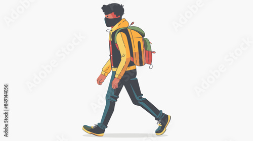 Young male walking casually, wearing face mask health protection, sporting fashionable yellow jacket backpack. Side profile man casual style taking precautionary health measures, illustrating new