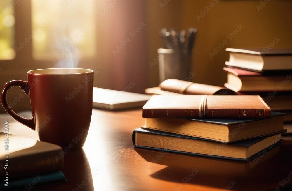 stack of books with cup of coffee in home interior. Concept of education and literature reading. Cozy time for reading books and drinking coffee. stack of books with cup of coffee in home interior. Concept of education and literature reading. Cozy time for reading books and drinking coffee.