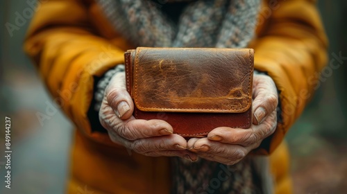 Senior hands holding a worn leather wallet, conveying concepts of frugality and time