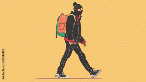 Young adult male walking profile view wearing winter clothing. Person equipped backpack, beanie, face mask indicating cold weather. Casual style man strolling, suggesting urban lifestyle commuting