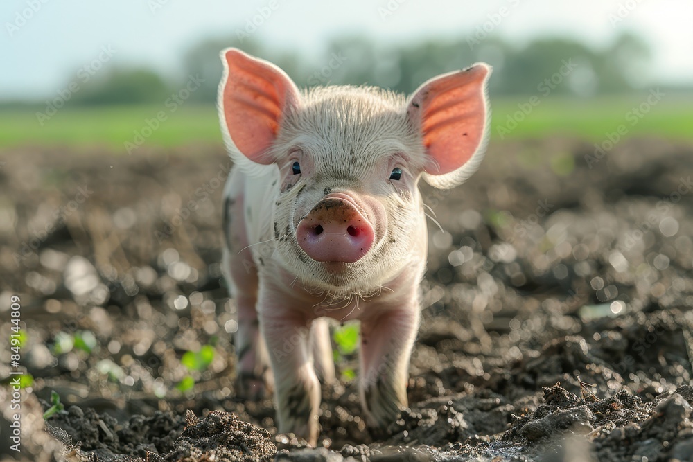 Baby Piglet: A small, pink piglet, standing in a muddy field, with its snout covered in dirt. Baby Piglet: A small, pink piglet, standing in a muddy field, with its snout covered in dirt.