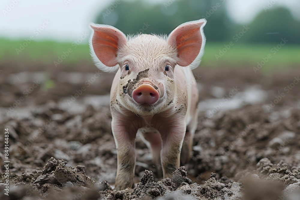 Baby Piglet: A small, pink piglet, standing in a muddy field, with its snout covered in dirt. Baby Piglet: A small, pink piglet, standing in a muddy field, with its snout covered in dirt.