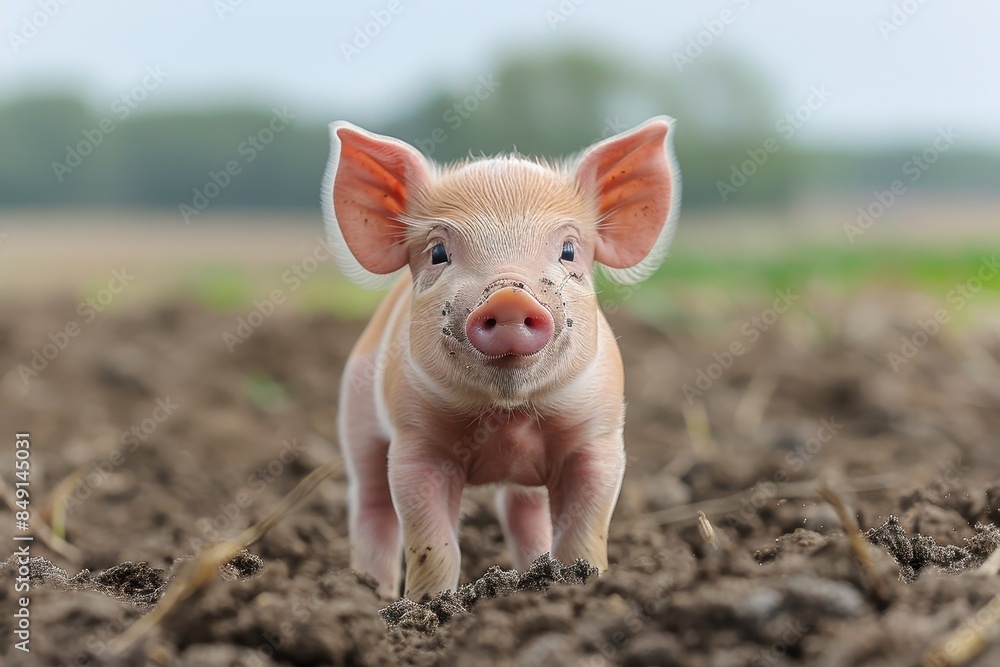 Baby Piglet: A small, pink piglet, standing in a muddy field, with its snout covered in dirt. Baby Piglet: A small, pink piglet, standing in a muddy field, with its snout covered in dirt.