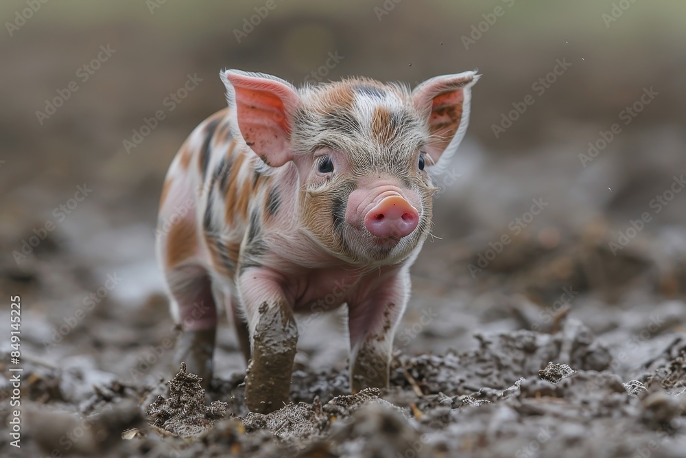Baby Piglet: A small, pink piglet, standing in a muddy field, with its snout covered in dirt. Baby Piglet: A small, pink piglet, standing in a muddy field, with its snout covered in dirt.