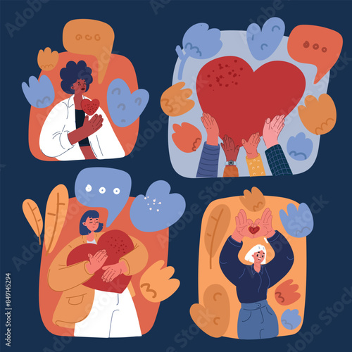Cartoon vector illustration of Woman with hand on kind heart, feeling self love, bliss, harmony, positive emotion. Happy calm peaceful girl volunteer. Care, humanity, selfhelp and peace concept over d