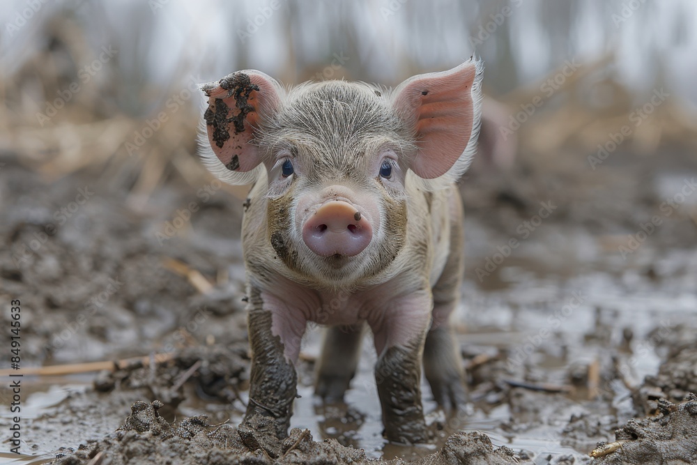 Baby Piglet: A small, pink piglet, standing in a muddy field, with its snout covered in dirt. Baby Piglet: A small, pink piglet, standing in a muddy field, with its snout covered in dirt.