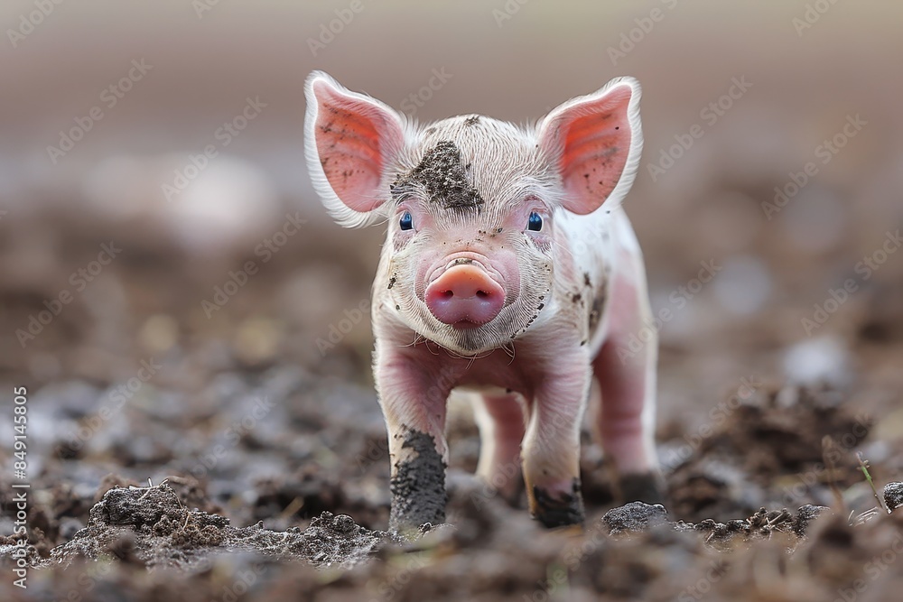 Baby Piglet: A small, pink piglet, standing in a muddy field, with its snout covered in dirt. Baby Piglet: A small, pink piglet, standing in a muddy field, with its snout covered in dirt.