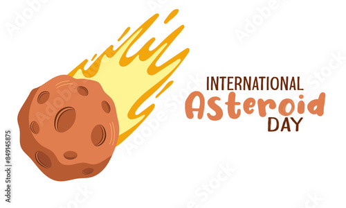 International asteroid day holiday poster. Meteorite with fire and lettering isolated on white background. Holiday banner. Flat design vector illustration.