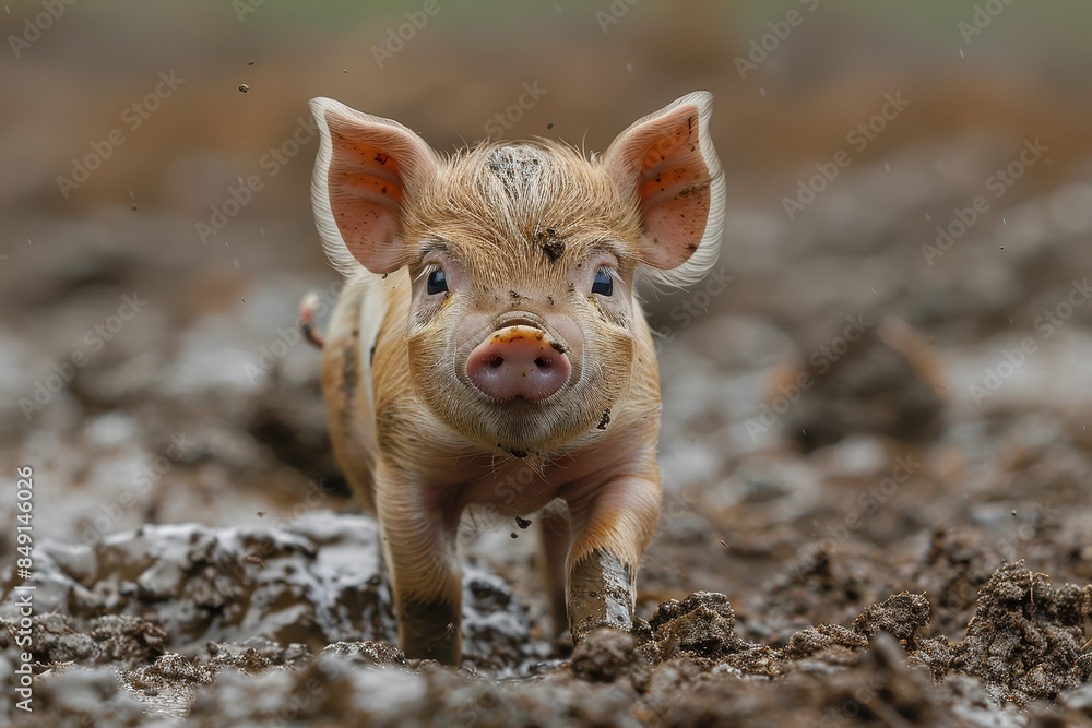 Baby Piglet: A small, pink piglet, standing in a muddy field, with its snout covered in dirt. Baby Piglet: A small, pink piglet, standing in a muddy field, with its snout covered in dirt.