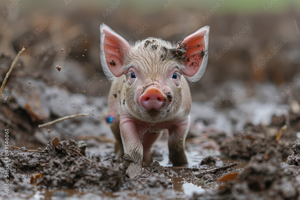 Baby Piglet: A small, pink piglet, standing in a muddy field, with its snout covered in dirt. Baby Piglet: A small, pink piglet, standing in a muddy field, with its snout covered in dirt.
