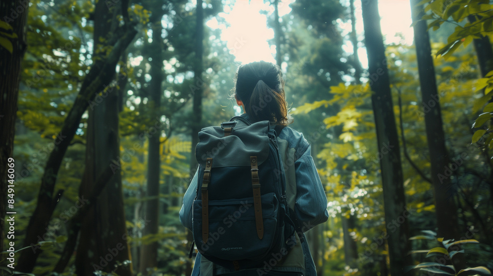 a woman using a backpack walks in the forest, with towering trees, Ai generated Images a woman using a backpack walks in the forest, with towering trees, Ai generated Images