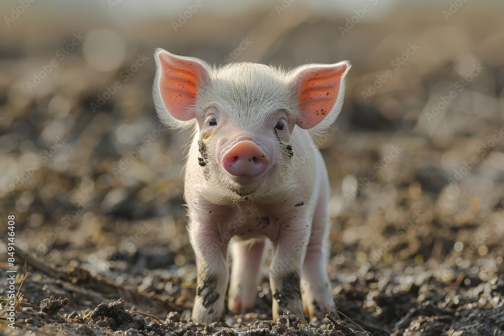 Baby Piglet: A small, pink piglet, standing in a muddy field, with its snout covered in dirt. Baby Piglet: A small, pink piglet, standing in a muddy field, with its snout covered in dirt.