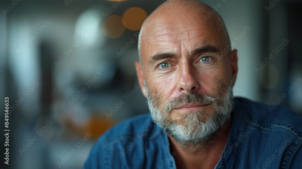 An indoor portrait of a middle-aged man showing a reflective and thoughtful expression with soft lighting An indoor portrait of a middle-aged man showing a reflective and thoughtful expression with soft lighting