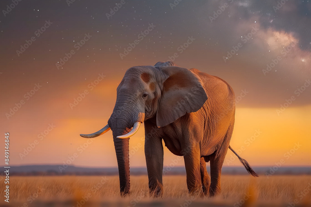 Fototapeta premium A solitary male elephant, silhouetted against the Milky Way, grazes peacefully in the vast Kruger National Park. The scene is bathed in an ethereal, otherworldly light.