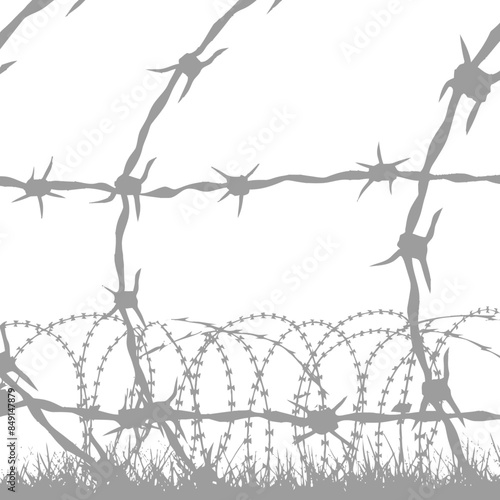 Gray Barbed Wire Fence & Razor Wire Silhouette Against White, Ground Level View