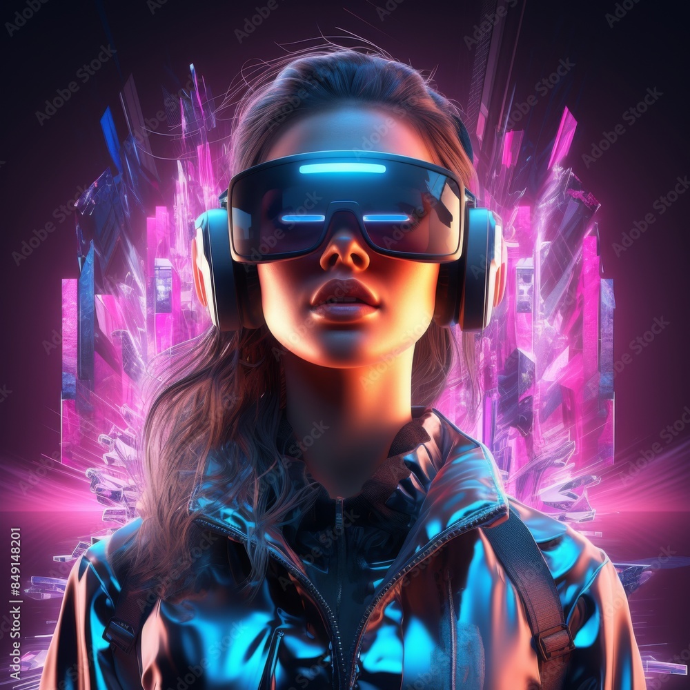 A woman wearing a pair of virtual reality goggles A woman wearing a pair of virtual reality goggles