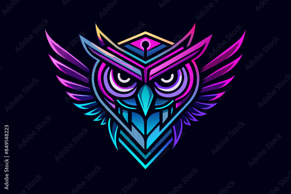 Fototapeta premium Logo Design with Neon Owl Vector.tattoo, vector, symbol, wings, illustration, wing, design, eagle, art, tribal, bird, emblem, vintage,