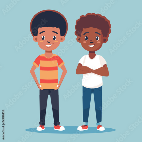 Two cheerful African American boys standing confidently. Boys cartoon characters, one wearing orange striped shirt jeans, white tee blue jeans. Happy young friends hands hips, smiling, casual