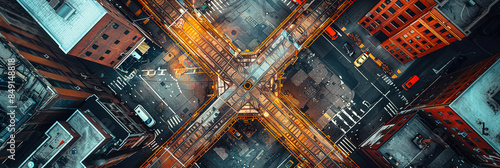 aerial views of urban landscapes transformed into abstract compositions of lines and grids. Highlighting the geometric precision and architectural details, while surrounded by abstra