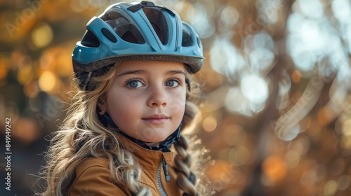 Young girl with captivating blue eyes wearing a bike helmet in fall © svastix