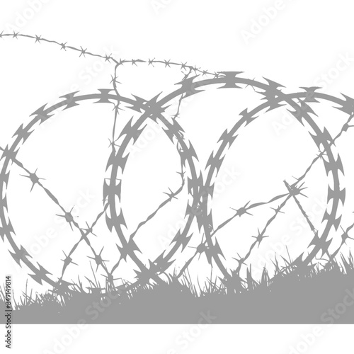 Razor Wire Coils & Barbed Fences: Gray Graphic on White, Grass Silhouette Detail
