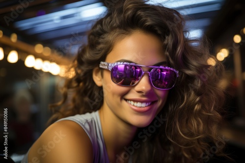 Young brunette with isolated purple sunglasses flashing looking at the camera with, generative IA © Gabriel