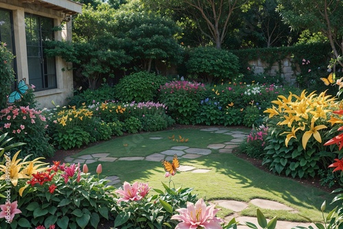 Vivid garden with lilies and butterflies and writing space