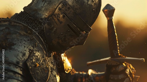 A knight in full armor kneels in the sunset, his head bowed in prayer.