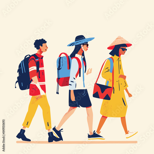 Three friends walking side side, showcasing diverse fashion styles. Male backpacker, female tourist widebrim hat, woman conical hat stride forward. Travel, casual wear, youth, summer stroll, urban