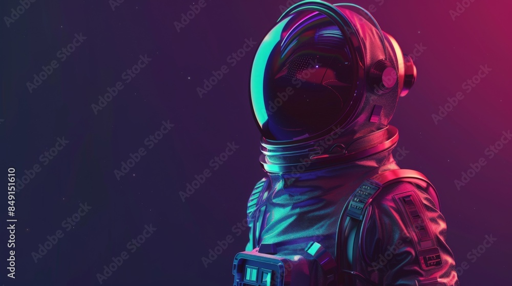 A vibrant, neon-lit astronaut stands against a dark cosmic background A vibrant, neon-lit astronaut stands against a dark cosmic background