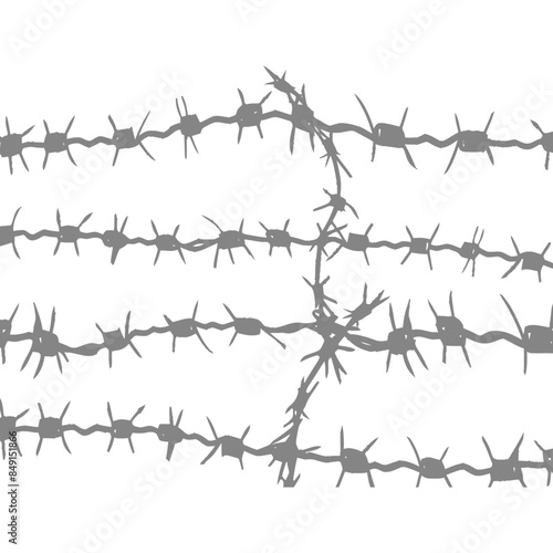 Tangled Barbed Wire Fence, Grey Silhouette on White: Entanglement & Restriction.