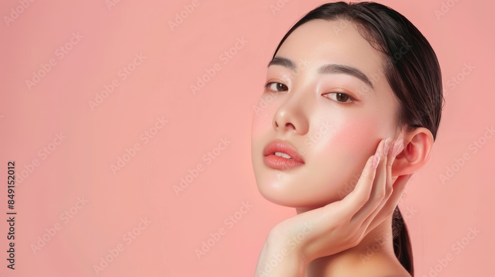A portrait of a woman with flawless skin against a pink background A portrait of a woman with flawless skin against a pink background