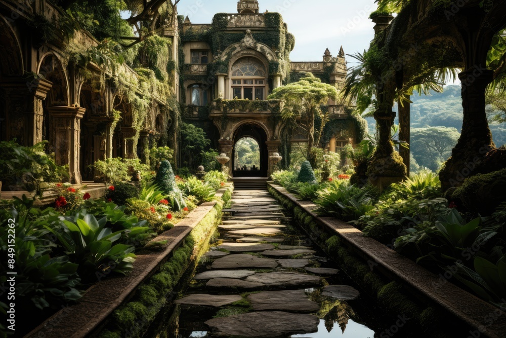 Fototapeta premium Historical mansion and exuberant trails in Lage Park, Rio de Janeiro., generative IA