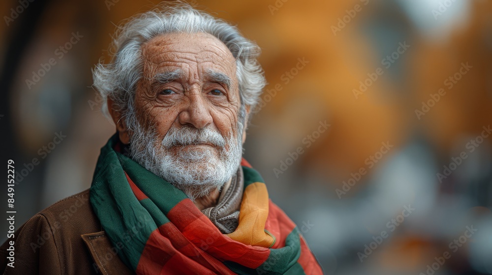 A portrait of a dignified elderly man with a white beard, wearing a vibrant scarf against a blurred background A portrait of a dignified elderly man with a white beard, wearing a vibrant scarf against a blurred background