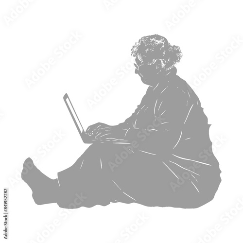 Silhouette of seated elderly woman using laptop, minimal style.