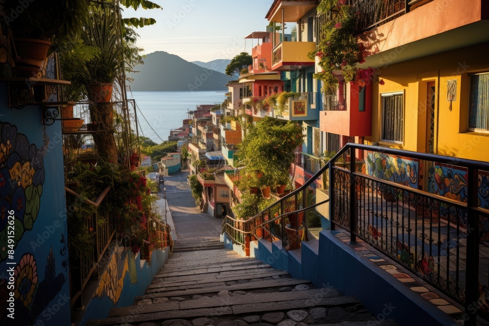 Post scene in Santa Teresa, Rio de Janeiro, with street art and stunning views., generative IA Post scene in Santa Teresa, Rio de Janeiro, with street art and stunning views., generative IA