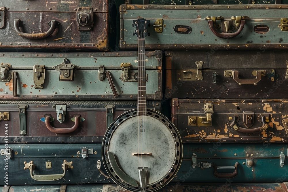 An old, weathered banjo leaning against a stack of vintage suitcases, evoking a sense of travel and history.