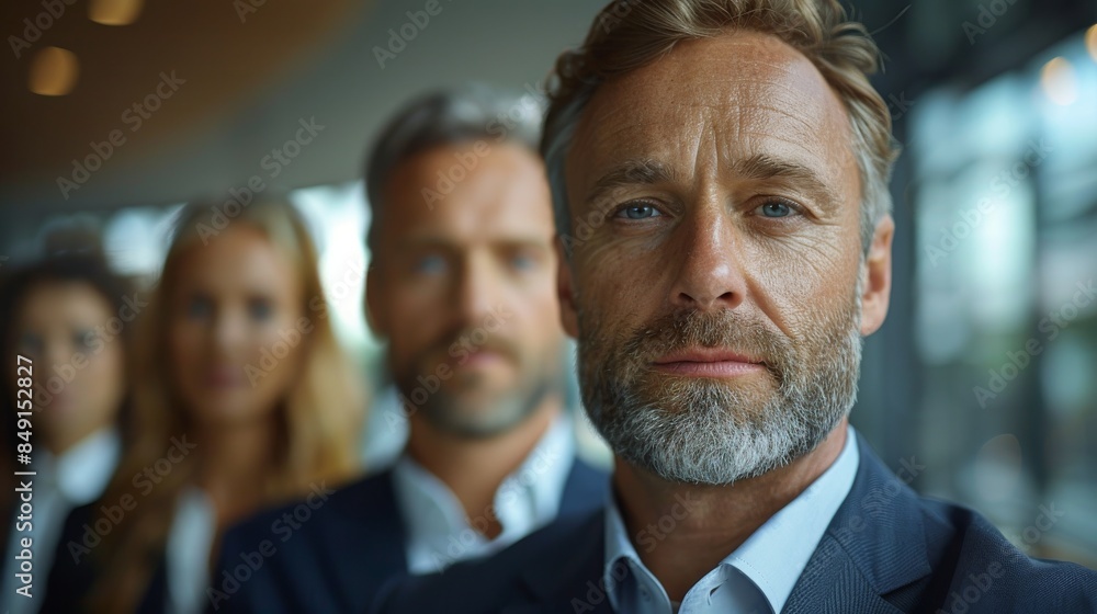 A senior businessman stands in focus with a blurred team background, highlighting leadership A senior businessman stands in focus with a blurred team background, highlighting leadership