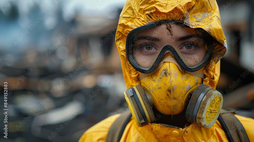 A person in a yellow hazmat suit is ready for hazardous material handling, with details blurred for privacy A person in a yellow hazmat suit is ready for hazardous material handling, with details blurred for privacy