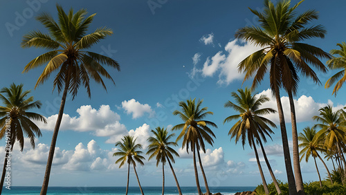 palm trees on the beach, tall palm trees sway gently over a sandy beach, with the ocean waves lapping at the shore.