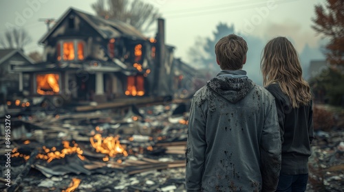 Two children stand watching a house engulfed in flames, feeling the loss of their home