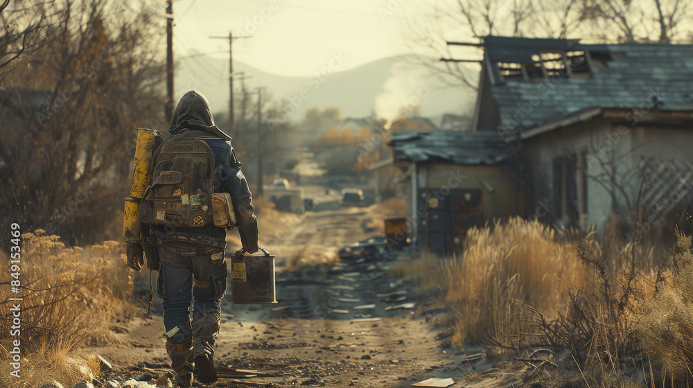 A man is walking down a dirt road with a backpack and a yellow suitcase A man is walking down a dirt road with a backpack and a yellow suitcase