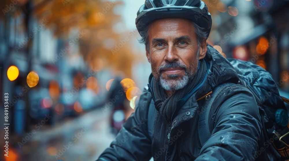 A mature man with a beard wearing a helmet and backpack looks off into the distance with urban bokeh lights A mature man with a beard wearing a helmet and backpack looks off into the distance with urban bokeh lights