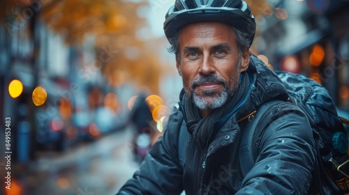 A mature man with a beard wearing a helmet and backpack looks off into the distance with urban bokeh lights © svastix