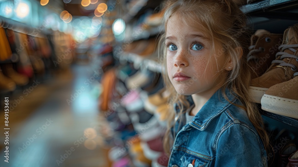 Captivating young girl with freckles leaning in a store aisle, gazing at a selection of shoes with a thoughtful expression Captivating young girl with freckles leaning in a store aisle, gazing at a selection of shoes with a thoughtful expression