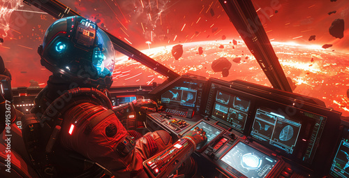 Fototapeta Naklejka Na Ścianę i Meble -  A man in a space suit is piloting a spaceship through a fiery planet