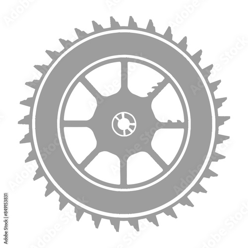 Gray Serrated Wheel: Mechanical Component Icon, Technical Detail, Isolated on White