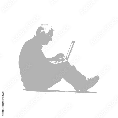 Silhouetted Man, Grounded: Laptop Focus, Soft Gray Scale.
